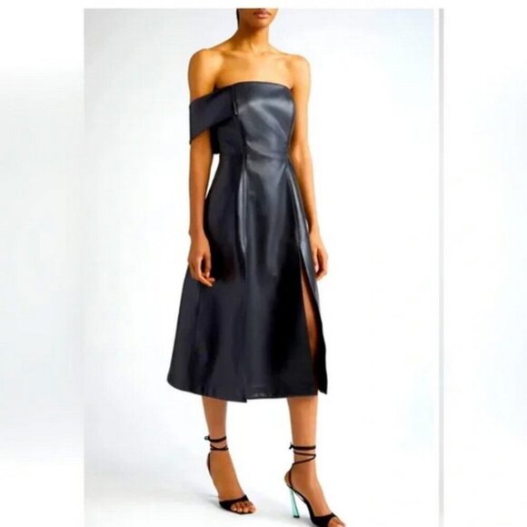 Israella Kobla Black Simphi One-Shoulder Faux Leather Midi Dress - Picture 1 of 2